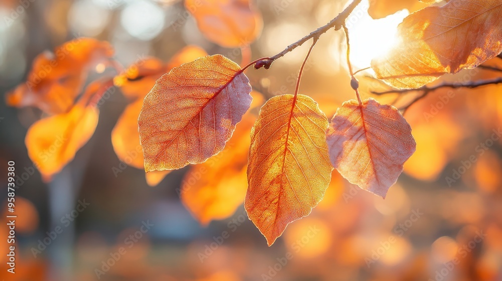 Orange leaves illuminated by the golden hour light, with the warm sunlight casting a soft glow on the leaves Orange leaves illuminated by the golden hour light, with the warm sunlight casting a soft glow on the leaves