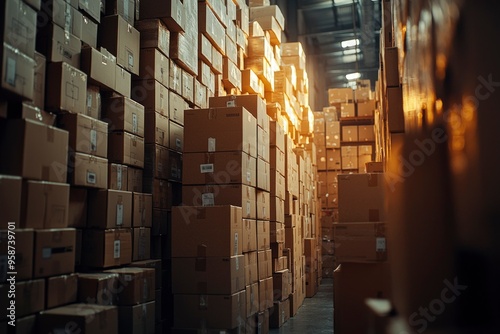 Stacked Cardboard Boxes in a Warehouse photo