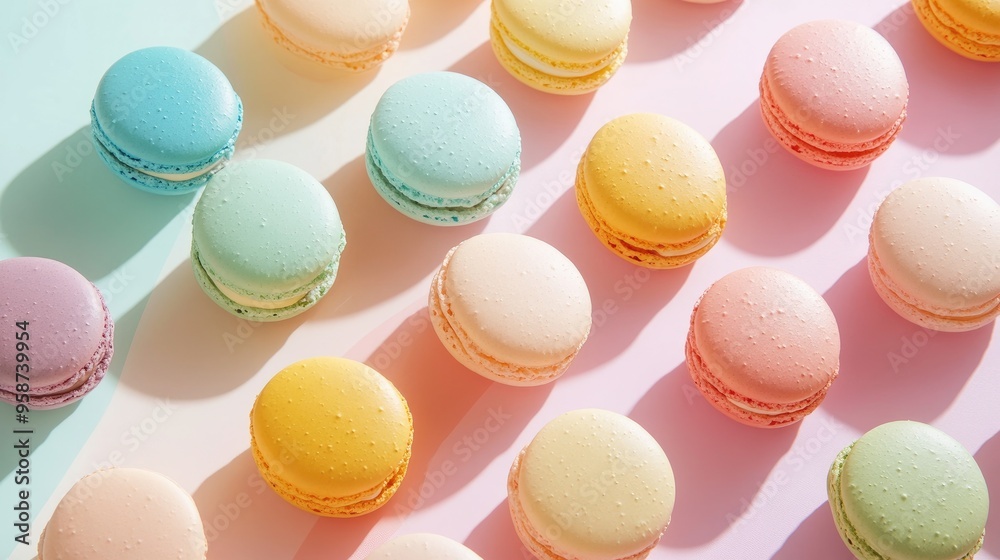 An artistic layout of macarons in different flavors and colors, set against a pastel-colored backdrop for a dreamy effect An artistic layout of macarons in different flavors and colors, set against a pastel-colored backdrop for a dreamy effect