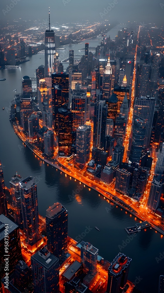 Naklejka premium Aerial view of illuminated skyscrapers and river in bustling metropolitan city at night