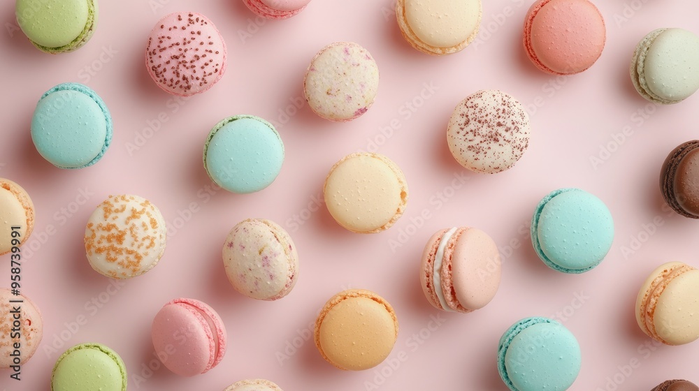 An artistic layout of macarons in different flavors and colors, set against a pastel-colored backdrop for a dreamy effect
