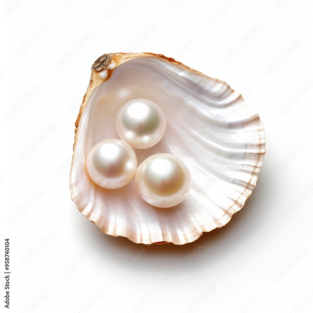 A beautiful pearl is nestled inside a shell on a plain white background A beautiful pearl is nestled inside a shell on a plain white background