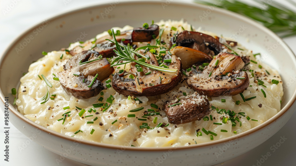 Truffle Risotto on a white background. The creamy Arborio rice, truffle-infused mushroom ragout, crispy Parmesan chips, and truffle reduction Truffle Risotto on a white background. The creamy Arborio rice, truffle-infused mushroom ragout, crispy Parmesan chips, and truffle reduction