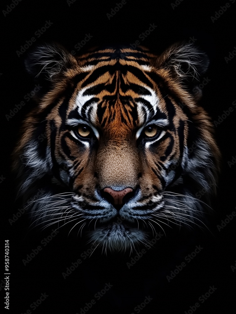 portrait of a bengal tiger front face on dark background portrait of a bengal tiger front face on dark background