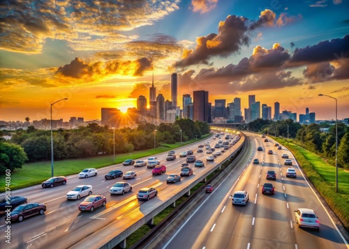 Sunset commuter traffic flows eastbound on Interstate 10 highway connecting Katy to Houston, Texas, with cityscape photo