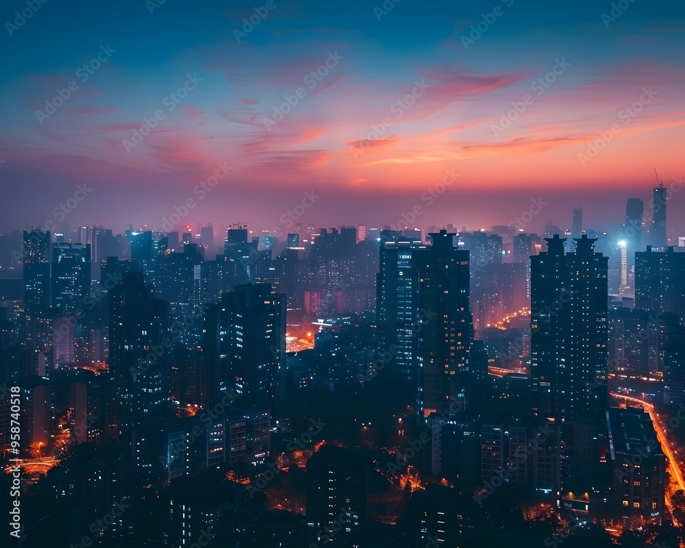 Fototapeta premium Dazzling Twilight Skyline with Majestic Skyscrapers and Glowing Horizon in the Bustling Cityscape
