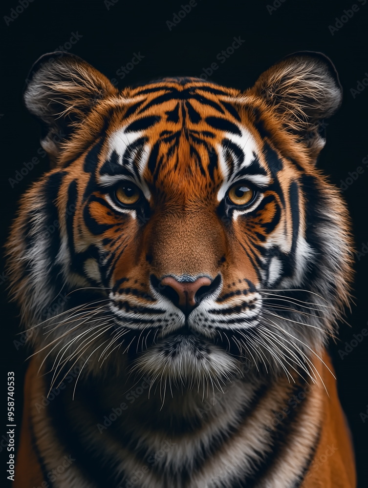 portrait of a bengal tiger front face on dark background portrait of a bengal tiger front face on dark background