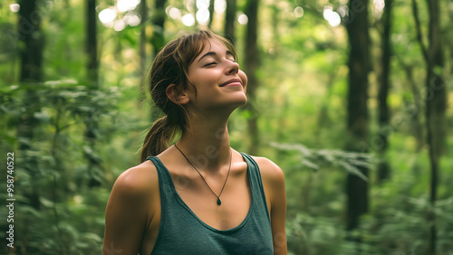 Young beautiful woman taking fresh air in the green forest. Smiling woman taking deep breath, healing and relaxation Concept