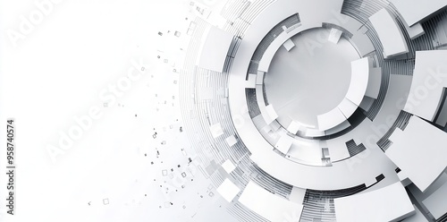 Abstract white background with geometric shapes and squares in gray shades, creating an elegant circular design for a technology or business concept banner.