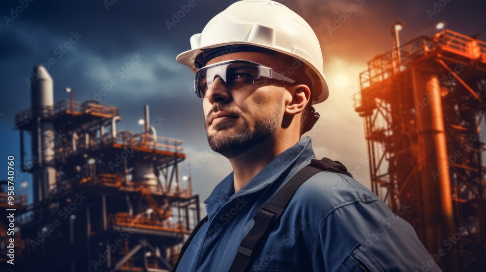 Oilman shift workers on the deck of the ship on the background offshore oil shelf planforms. Neural network ai generated art