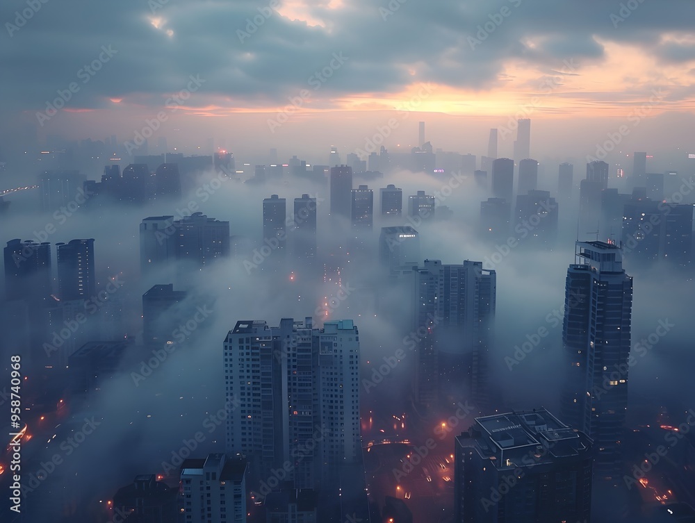 Mysterious Shrouded Skyscrapers in Misty Urban Skyline at Sunrise or Sunset Mysterious Shrouded Skyscrapers in Misty Urban Skyline at Sunrise or Sunset
