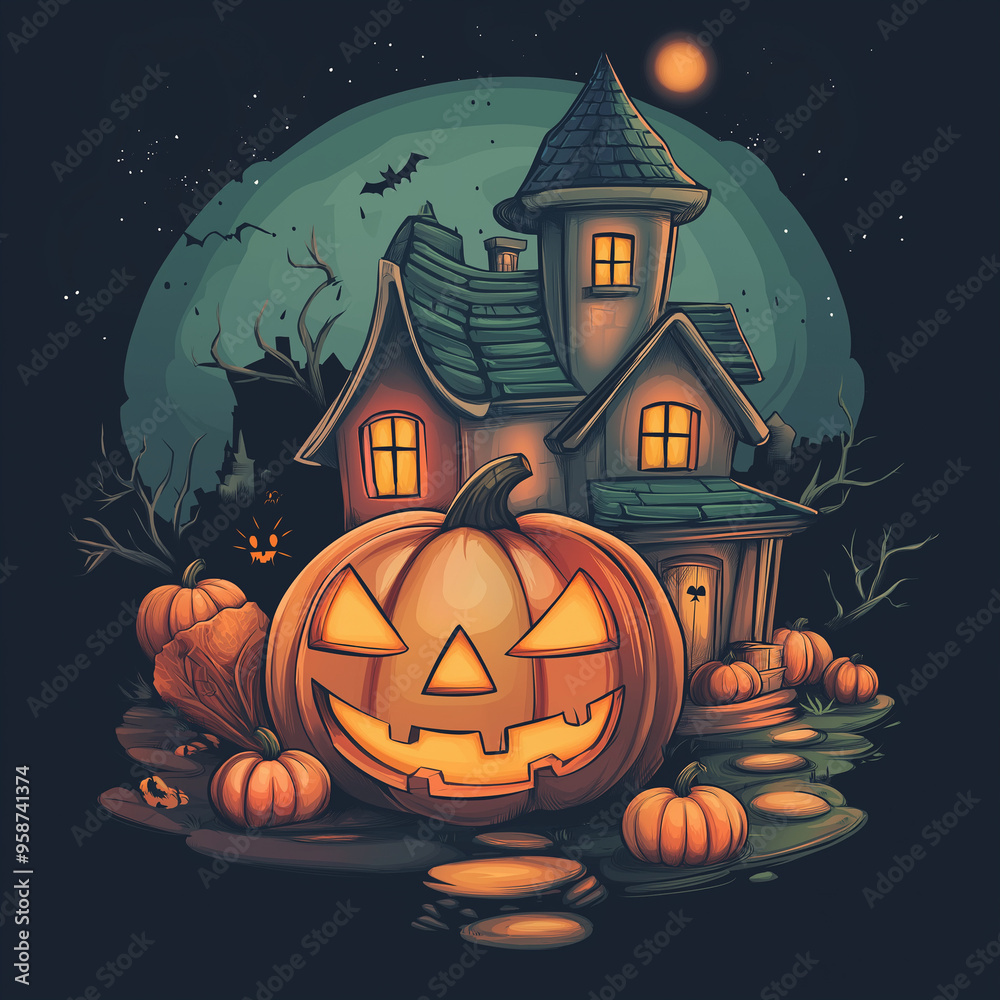 Fototapeta premium Halloween pumpkin smiling in front of haunted house under full moon