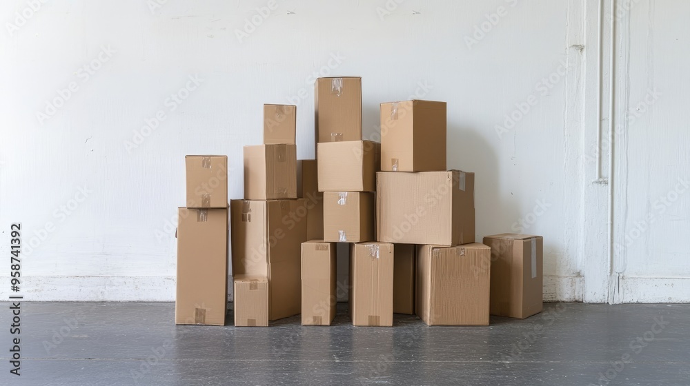 Cardboard boxes being sealed with packing tape, with a tape dispenser in focus. Cardboard boxes being sealed with packing tape, with a tape dispenser in focus.