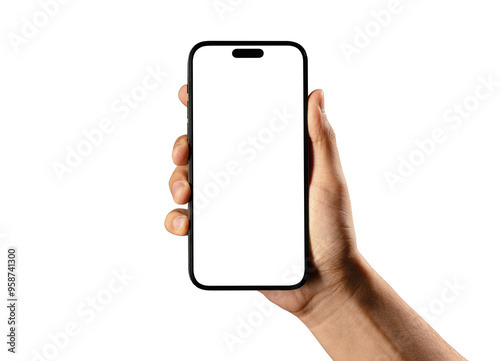Hand holding smartphone mockup as png photo with blank screen isolated on white background. mobile phone hand mockup photo