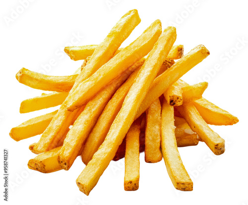 Crispy golden fries stacked in a neat pile, cut out - stock png.