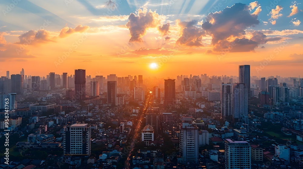Mesmerizing Cityscape at Sunset with Towering Skyscrapers and Dramatic Lighting Mesmerizing Cityscape at Sunset with Towering Skyscrapers and Dramatic Lighting