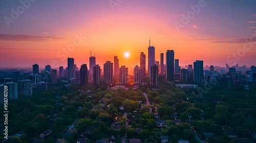 Dramatic Sunset Over a Captivating Cityscape of Towering Skyscrapers