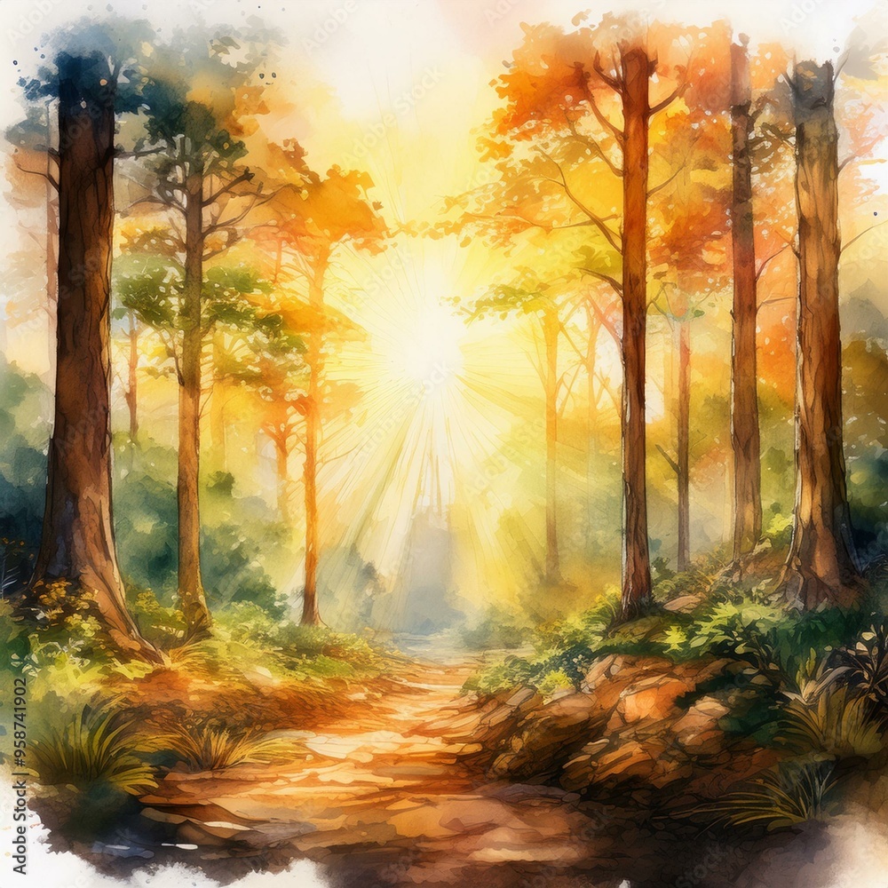 Bright morning light streaming through a forest, symbolizing the promise of a new day watercolor wallpaper Bright morning light streaming through a forest, symbolizing the promise of a new day watercolor wallpaper