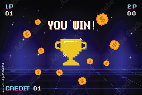 8-bit pixel art with text "You Win" and a big golden cup, Retro Sci-Fi Background Futuristic Grid landscape of the 80s. Digital Cyber Surface. 1980`s, vector illustration.