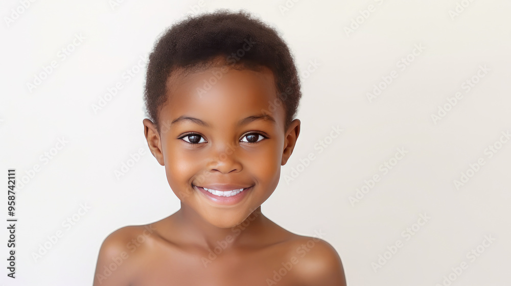 Portrait of smiling cute African American child girl with short haircut problems, white background, banner.