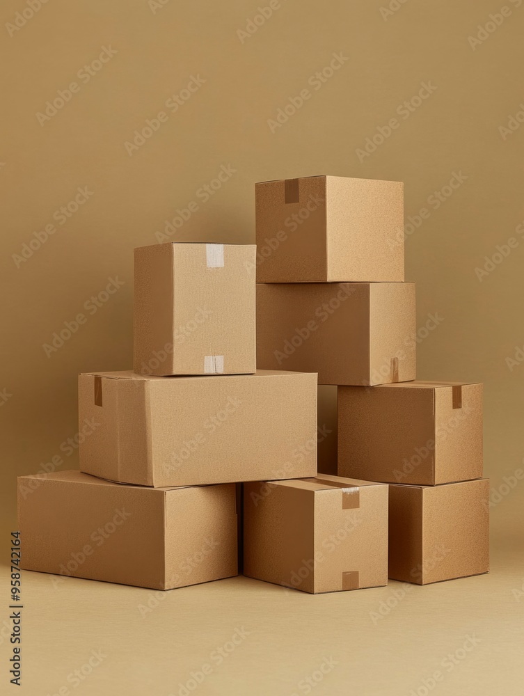Fototapeta premium Stack of Unlabeled Cardboard Boxes on a Beige Background