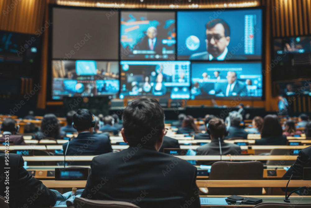 Fototapeta premium UN Delegates Discussing Global Issues in Modern Meeting Room for United Nations Day Focusing on International Collaboration