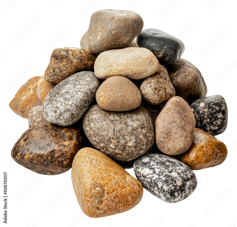 Assorted river stones on white background, cut out - stock png. Assorted river stones on white background, cut out - stock png.