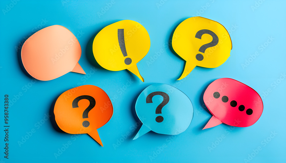 Ask question concept. Question mark on speech bubbles, top view Ask question concept. Question mark on speech bubbles, top view