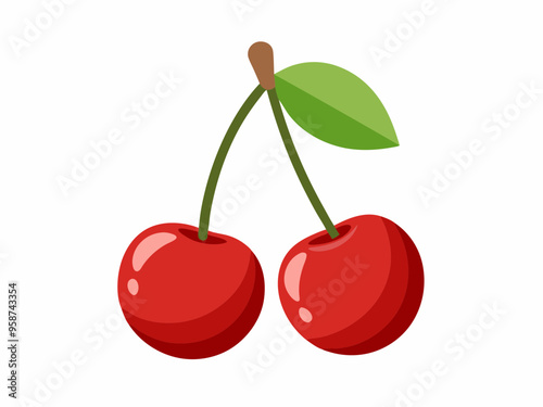 vector two cherries with leaves on white background