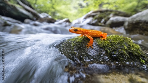 Orange Salamander on a Rock in a Stream