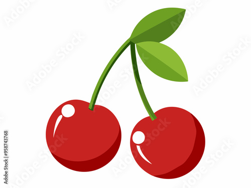 vector two cherries with leaves on white background