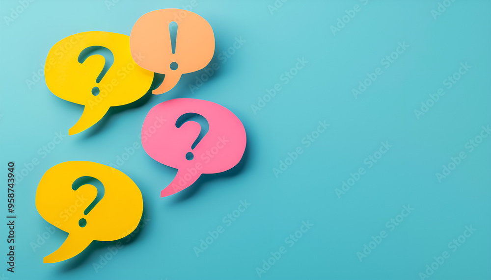 Ask question concept. Question mark on speech bubbles, top view Ask question concept. Question mark on speech bubbles, top view