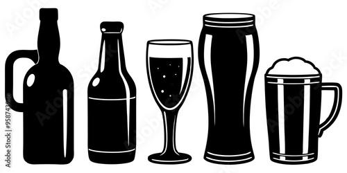 beer bottle and glass, vector silhouettes of drinkware and beverage containers