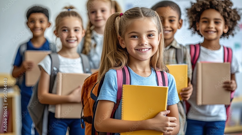 Happy students holding notebooks and backpacks cheerful smiling school children standing posing in classroom Happy students holding notebooks and backpacks cheerful smiling school children standing posing in classroom