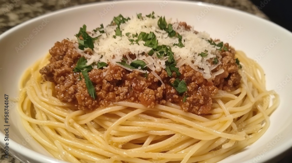 Spaghetti Bolognese topped with a rich meat sauce, grated cheese, and fresh herbs, creating a warm, inviting, home-cooked feel. Spaghetti Bolognese topped with a rich meat sauce, grated cheese, and fresh herbs, creating a warm, inviting, home-cooked feel.