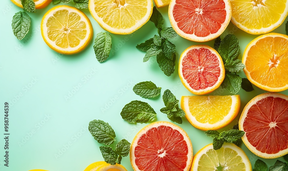 Sliced Citrus Fruits with Mint Leaves on a Green Background Sliced Citrus Fruits with Mint Leaves on a Green Background
