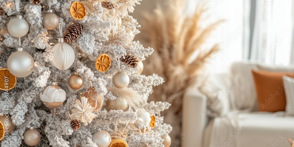 Obraz premium A close-up of a white Christmas tree decorated with dried orange slices, dry berries, cones, pampas grass, paper ornaments, and paper honeycombs in front of the sofa