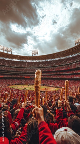 Stadium filled with fans holding turkey leg drumsticks instead of foam fingers photo