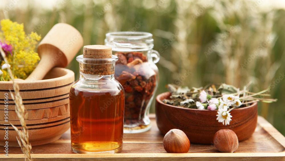 Tincture in bottle, different ingredients, mortar and pestle outdoors Tincture in bottle, different ingredients, mortar and pestle outdoors