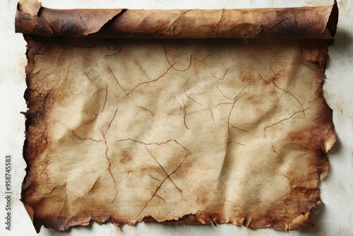 A Rolled-Up Parchment with a Worn and Cracked Surface photo