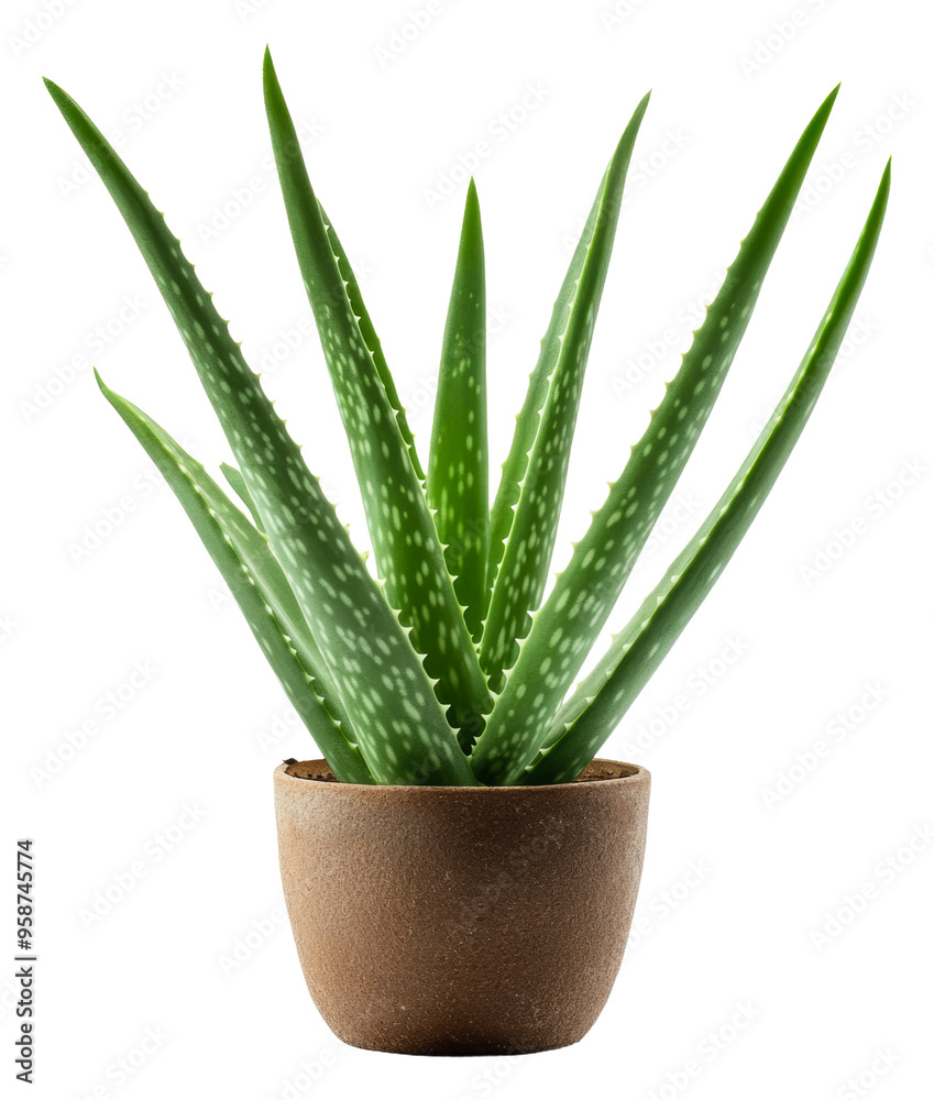 Aloe vera in pot on white background, cut out - stock png. Aloe vera in pot on white background, cut out - stock png.