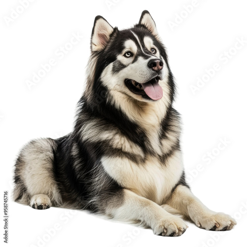 Resting Alaskan Malamute on white, cut out - stock png.