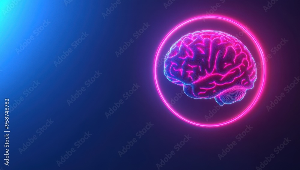 a neon-glowing brain inside a circle on a blue background, 2D illustration, 80s style, vintage style Generative AI a neon-glowing brain inside a circle on a blue background, 2D illustration, 80s style, vintage style Generative AI