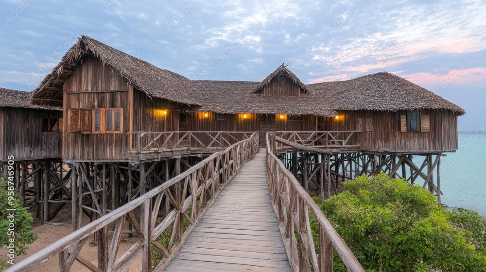 A wooden bridge connects to a traditional thatched hut on an island as the sun sets, casting a warm glow over the turquoise ocean and purple clouds A wooden bridge connects to a traditional thatched hut on an island as the sun sets, casting a warm glow over the turquoise ocean and purple clouds
