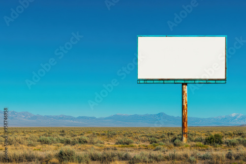 A blank billboard in a desert landscape under a blue sky with distant mountains, ideal for outdoor advertising in a remote setting.