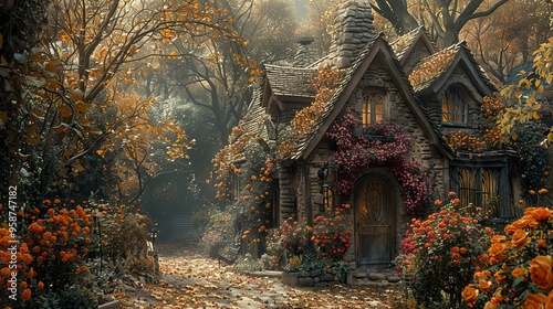 A charming stone cottage nestled in a forest, surrounded by vibrant autumn foliage and a misty atmosphere.