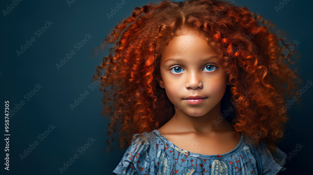 Fototapeta premium Portrait of smiling cute African American child girl with red hair and perfect skin, dark blue background, banner.