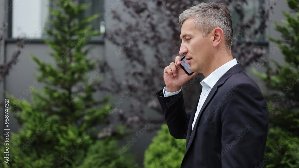 A businessman in a suit is standing outside an office, talking on his mobile phone. He is smiling and appears to be enjoying his conversation. Use this footage for commercials, corporate videos. A businessman in a suit is standing outside an office, talking on his mobile phone. He is smiling and appears to be enjoying his conversation. Use this footage for commercials, corporate videos.