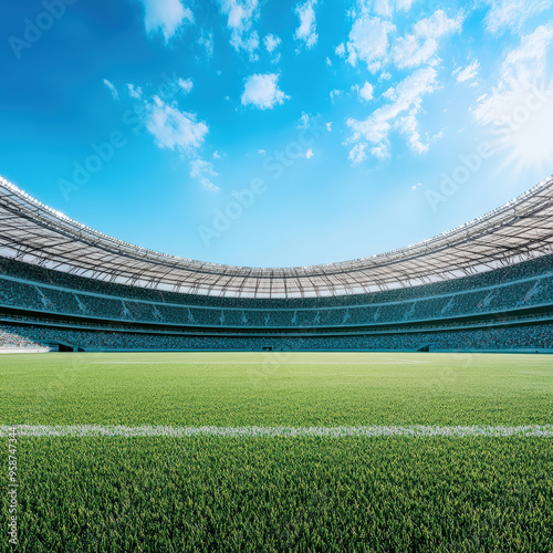 An empty football stadium with a green field under a clear blue sky, featuring modern architecture, ready for a major sporting event.
