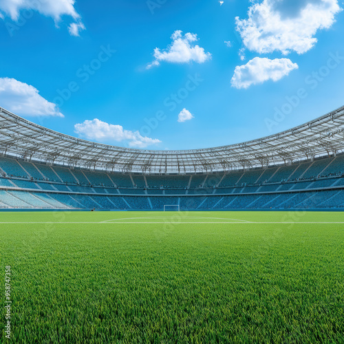 Empty football stadium with a green field and open roof under a blue sky, awaiting an event or match.